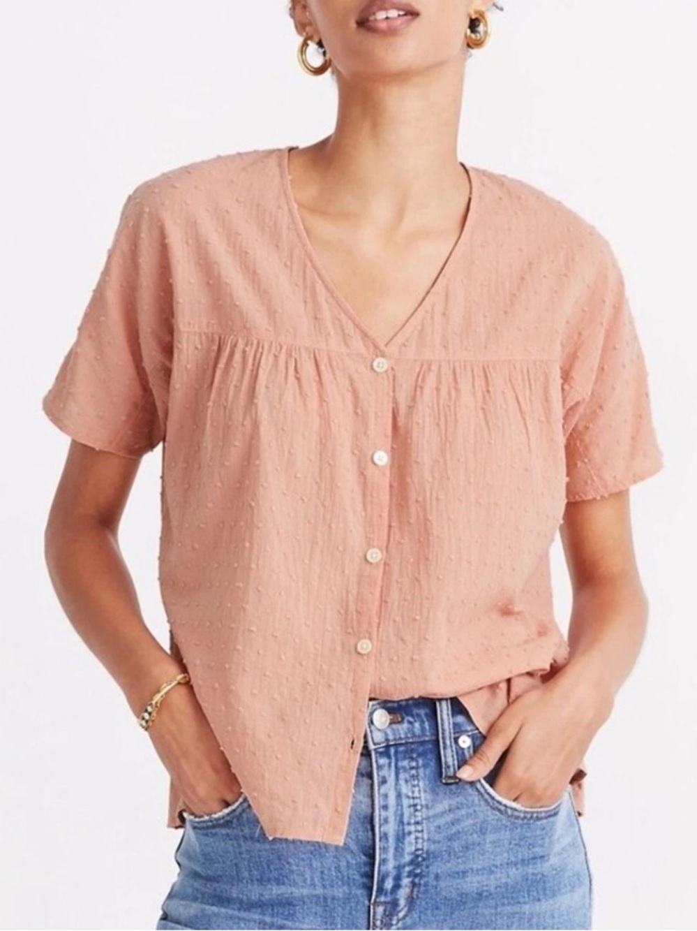 Madewell Textured Short-Sleeve V-Neck Button Front  Swing Blouse, size small